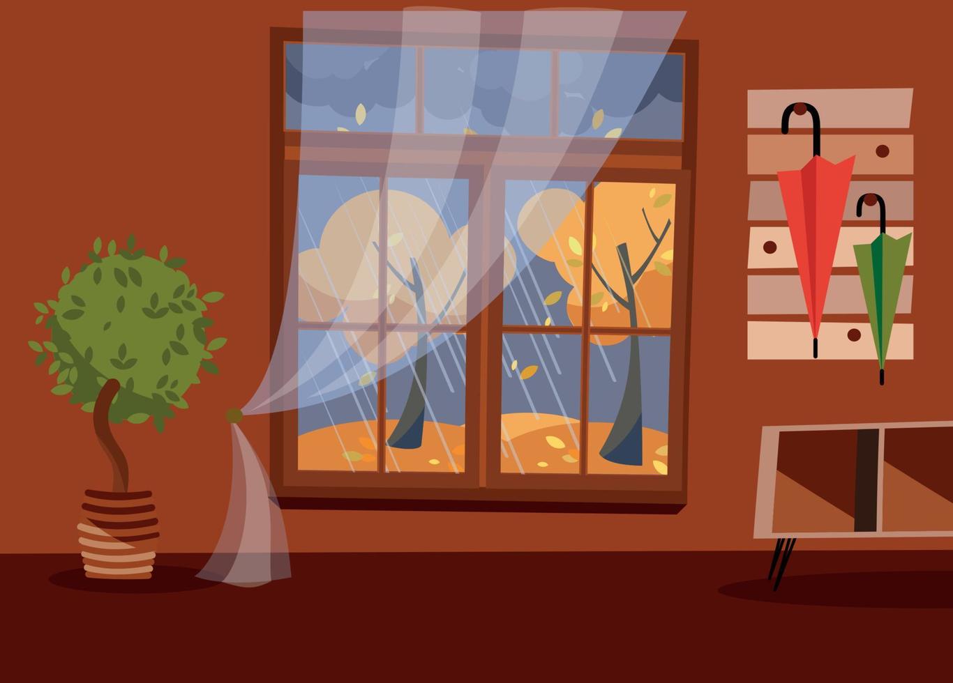 ventana con vista a árboles amarillos y follaje. interior marrón otoñal con árbol en la bañera, una mesa de café y sombrillas en la percha. clima lluvioso por la noche afuera. ilustración vectorial de dibujos animados plana. vector