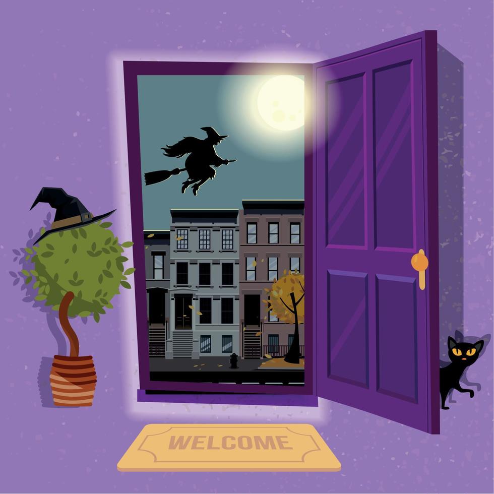 halloween Witch's house. Open door to purple hallway with hat at home plant and black cat at door. Urban landscape with a huge moon and silhouette of witch over houses roofs. Flat cartoon illustration vector