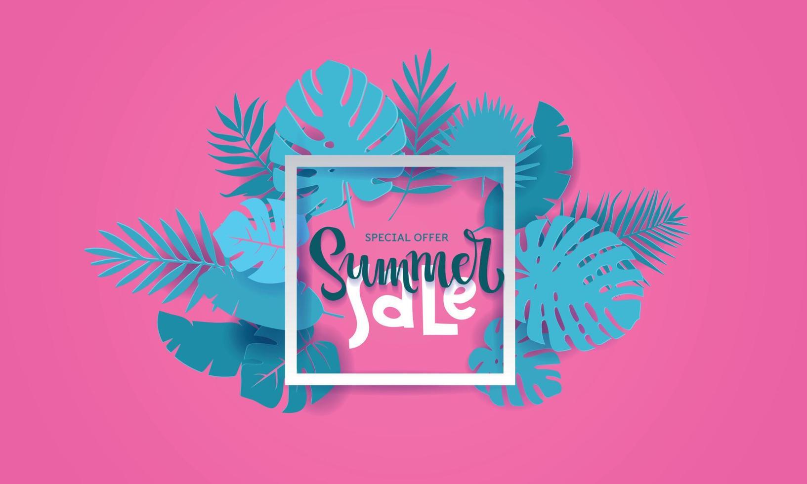 Horizontal Summer Tropical palm monstera leaves in trandy paper cut style. White square frame 3d letters SUMMER SALE on exotic blue leaves on pink background for advertising. Vector card illustration.