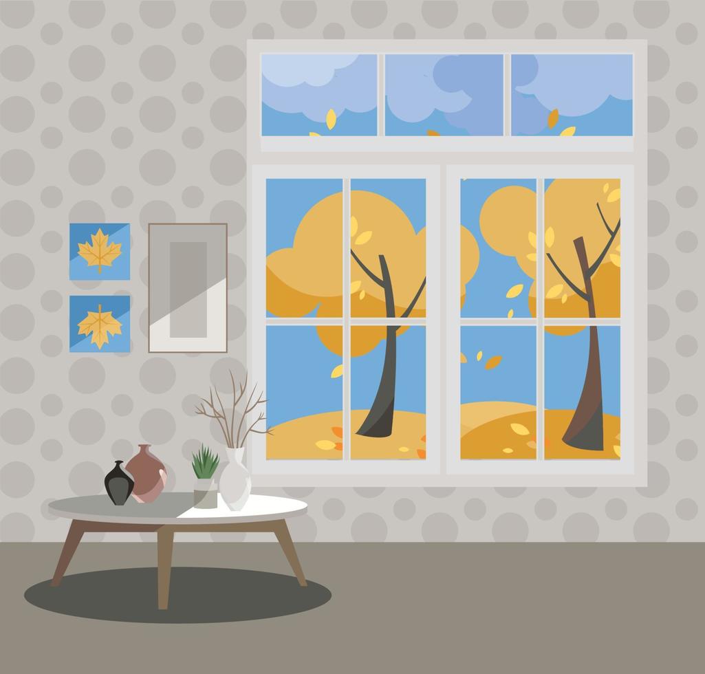 Window with a view of yellow trees and flying leaves. Autumn interior with a coffee table, vases, pictures on grey wallpaper. Sunny good weather outside. Flat cartoon style vector illustration.