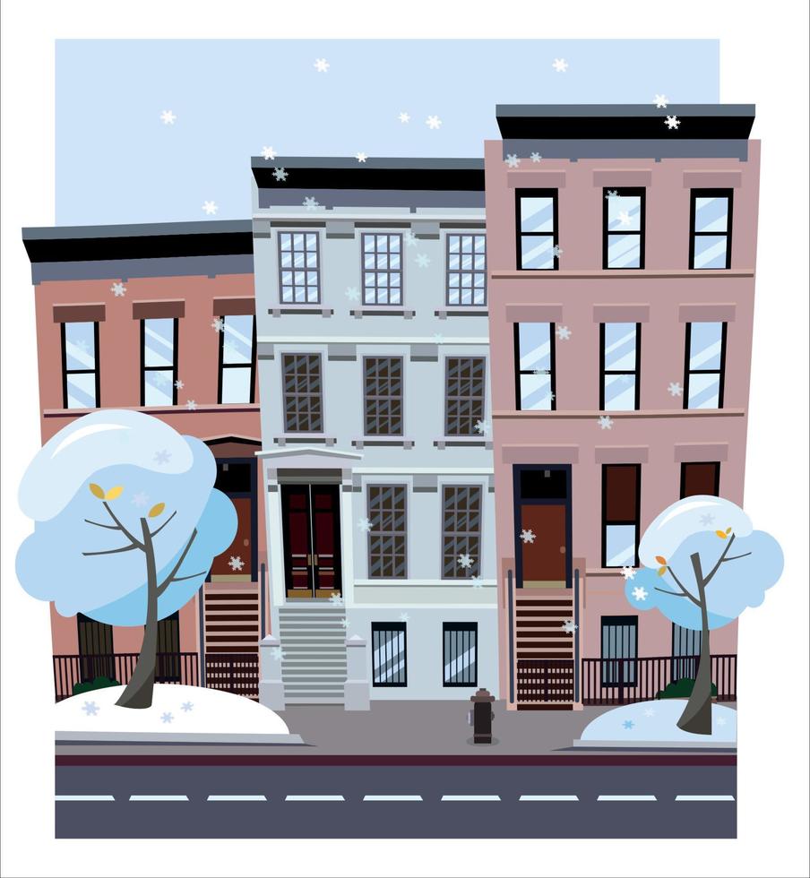 Nonlinear houses look out of the picture. Flat cartoon style vector winter city street. Tree houses flying snowflakes. Street cityscape. Day city landscape with snow-covered trees in the foreground