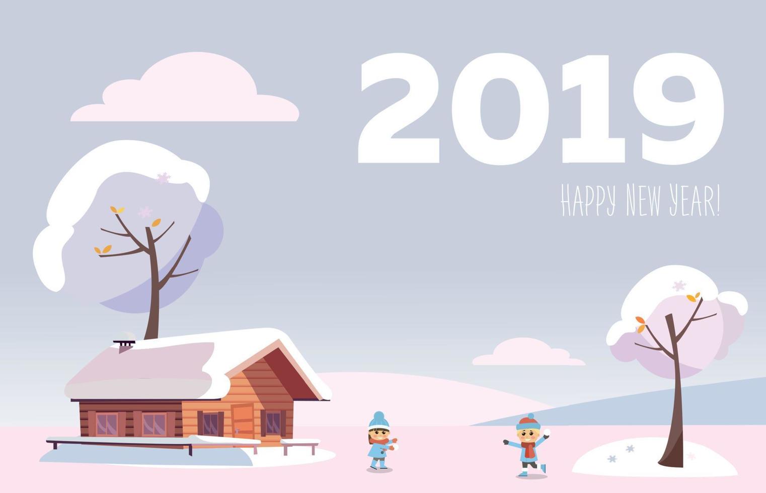 Vector flat card 2019 Happy new year. white snowy winter landscape with small country house and snow covered trees on the snow-covered hills in the snowing woods with children playing snowball fights.