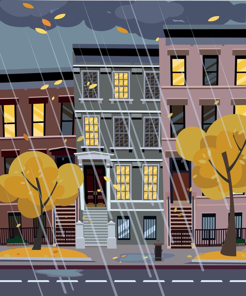 Flat cartoon vector illustration of autumn rainy city street at night. 3-4-story uneven houses with luminous windows,. Street cityscape. Evening town landscape with trees in the foreground, puddles
