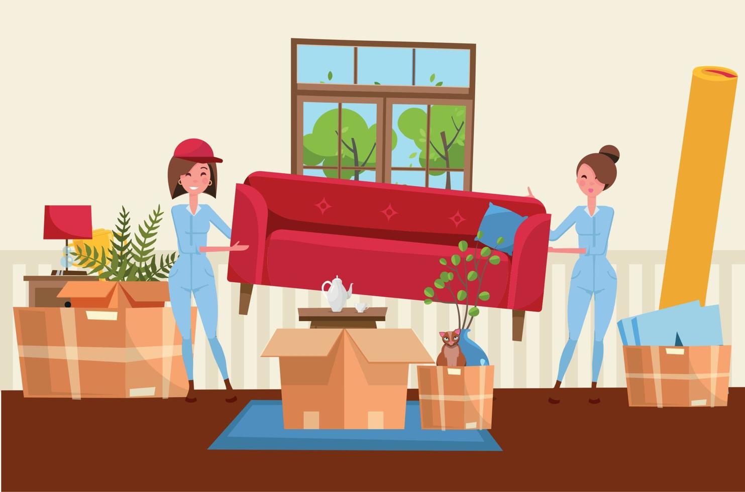 Two women workers are carrying a red sofa. Moving boxes in new house. House living room interior. Pile of stacked cardboard boxes with furniture, carpet, plants, cat. Vector flat cartoon illustration