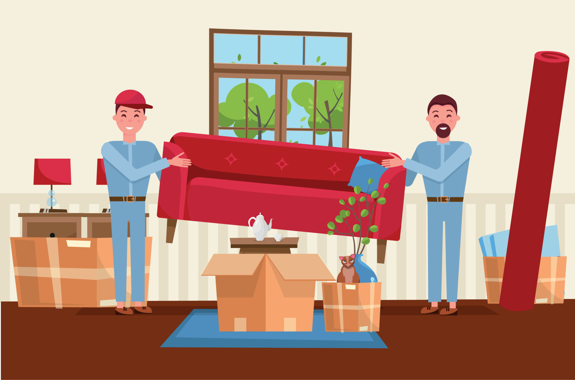 Two men workers are carrying a red sofa. Moving boxes in new house