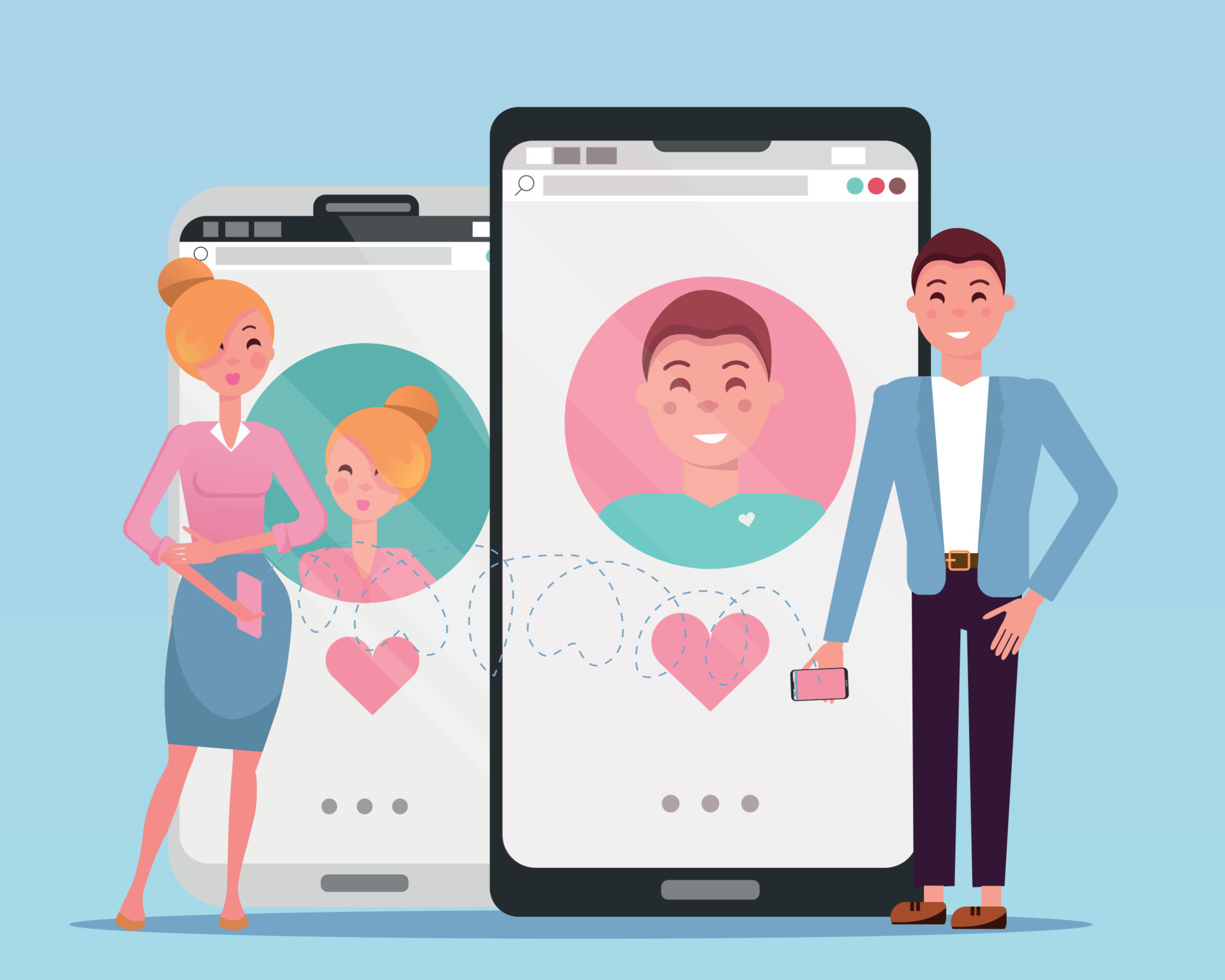 Man and woman using online dating app on smartphone and meeting at table,  tiny people. Blind date, speed dating, online dating service concept.  Website vibrant violet landing web page template. Stock Vector