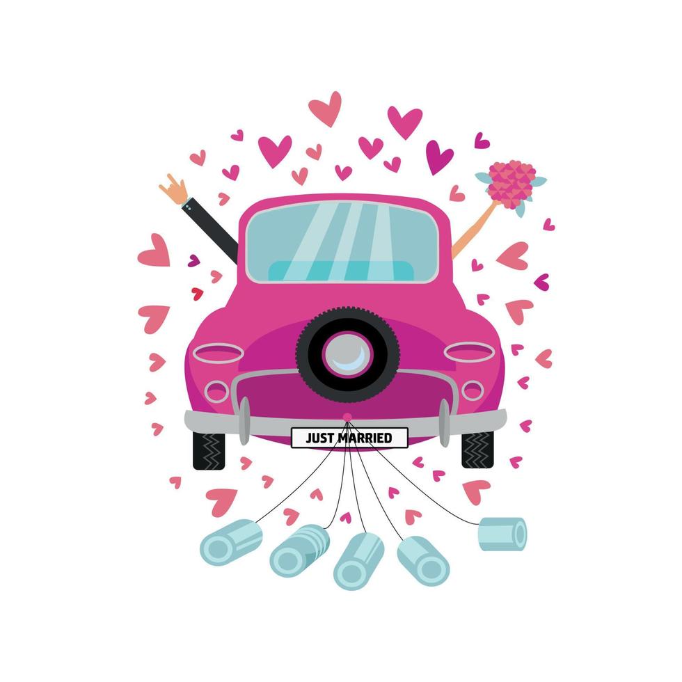Newlywed couple is driving vintage pink car for their honeymoon and cans attached. Bride groom car with hand with bouquet sticking out of window . Vector flat cartoon round concept with many hearts