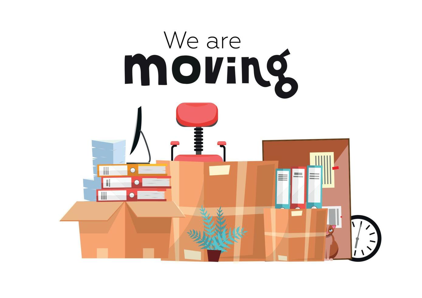 Moving to new office with boxes. Office accessories in cardboard box isolated on white background - monitor, folders, stack of papers, plant, office chair, clock, board stationery. Flat cartoon vector
