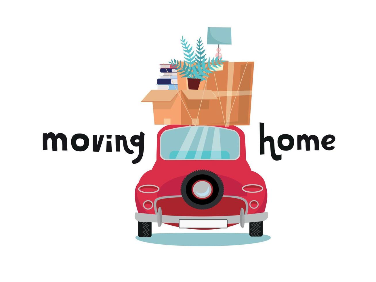 Car back View With stack of baggage, boxes, furniture on white background. Red small car with stuff on roof. lamp and books on top of vehicle. Flat cartoon vector illustration. Moving home lettering