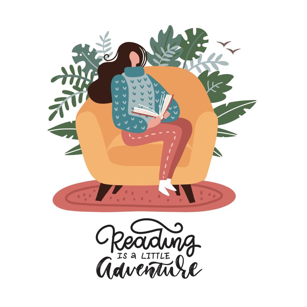 Young woman sitting in armchair and reading a book. Female teenager is relaxing in a chair at home and reading a book. Calmness, peace of mind and relaxation. Vector flat illustration.