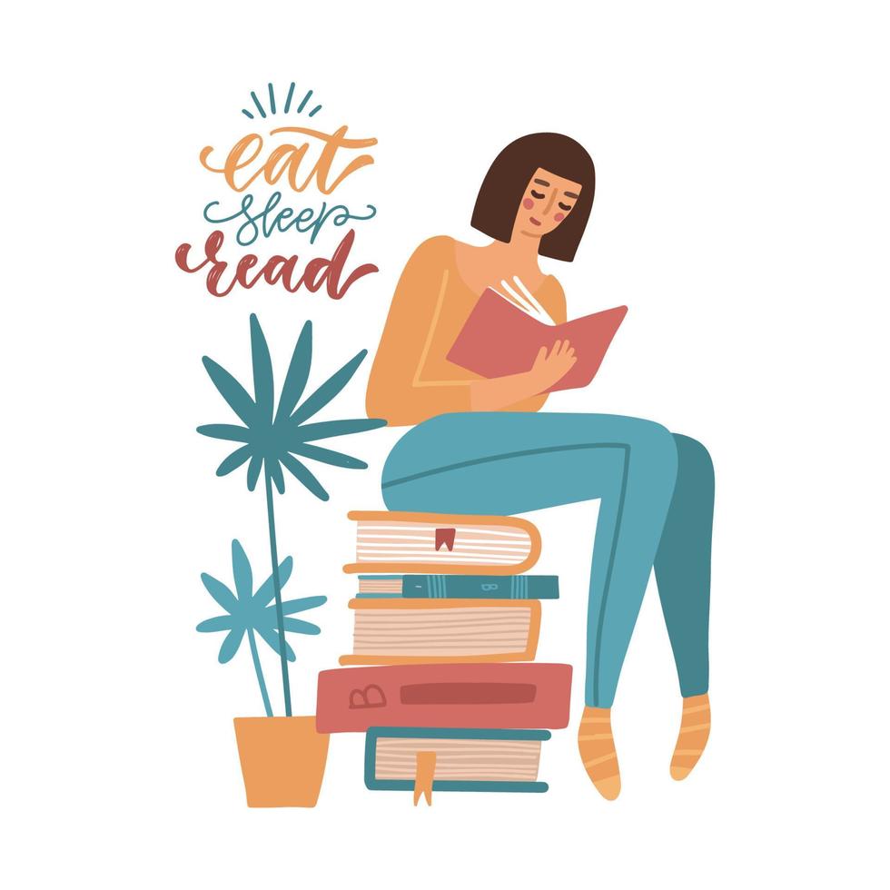 Young woman reading a book while sitting on stack of giant books. Student studying. Girl relaxing with book isolated on white background. Literature hobby. Flat vector concept with lettering quote.
