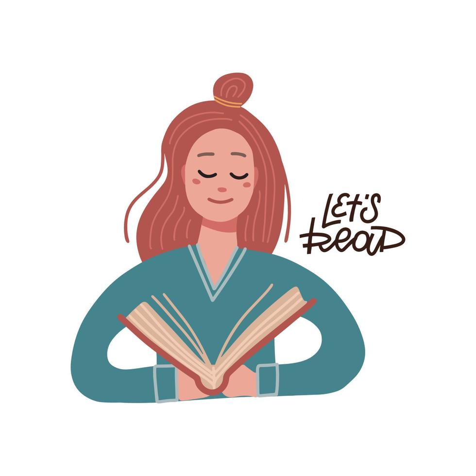 Red haired girl reading a big Book . Young woman loves read. Read more books concept. Hand drawn flat Vector trendy illustration. Pastel colors. Let s read - lettering quote.