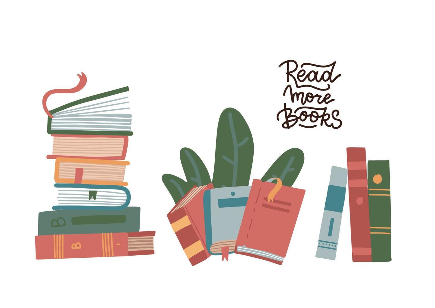 Set of Stack of books isolated on a white background. Pile of colorful books. Hand drawn educational flat vector illustration. World book day concept. Lettering quote - read more books.