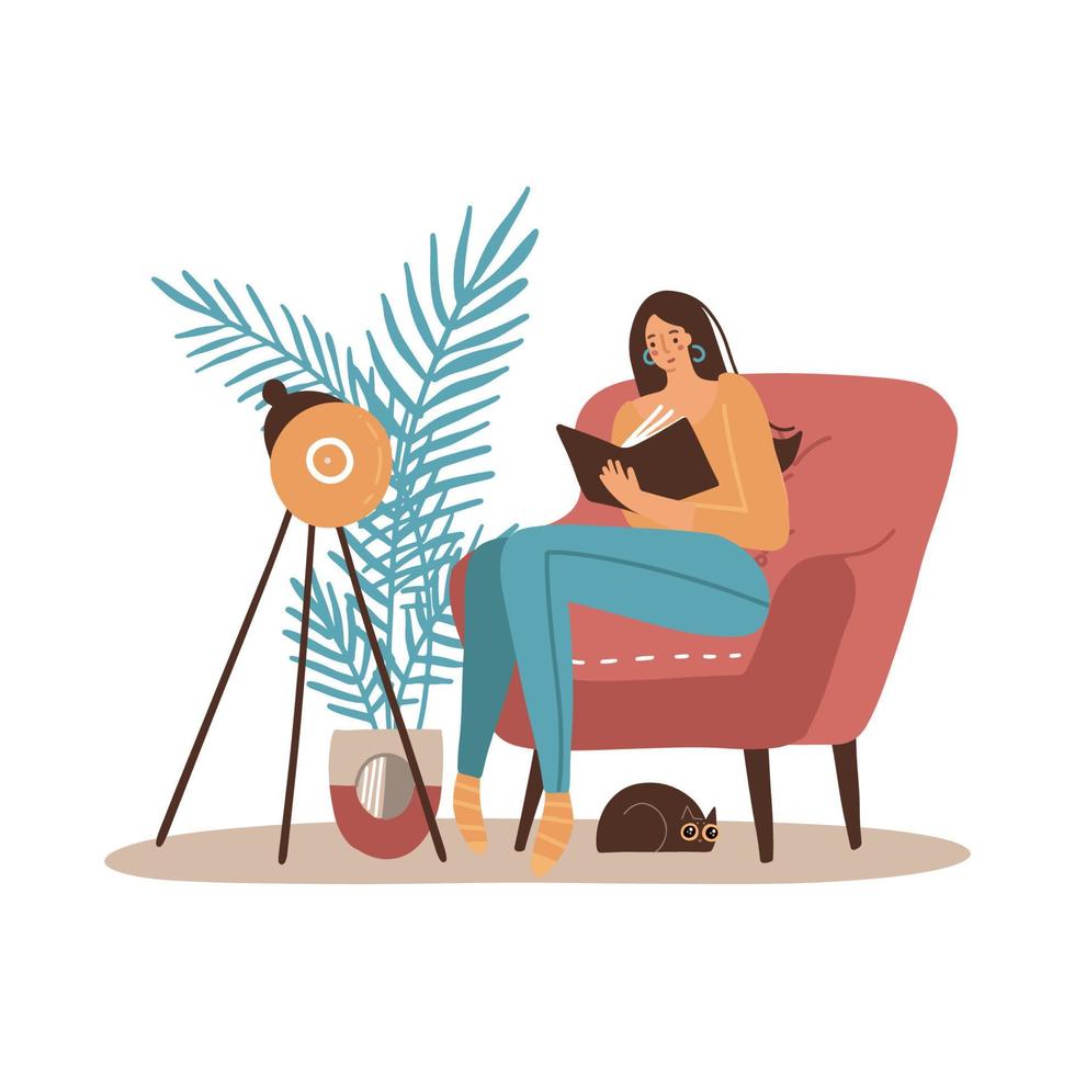 Girl with cat reading book. Younf Woman sitting in big armchair and read. Cozy home interior furniture. Flat cartoon Vector illustration.
