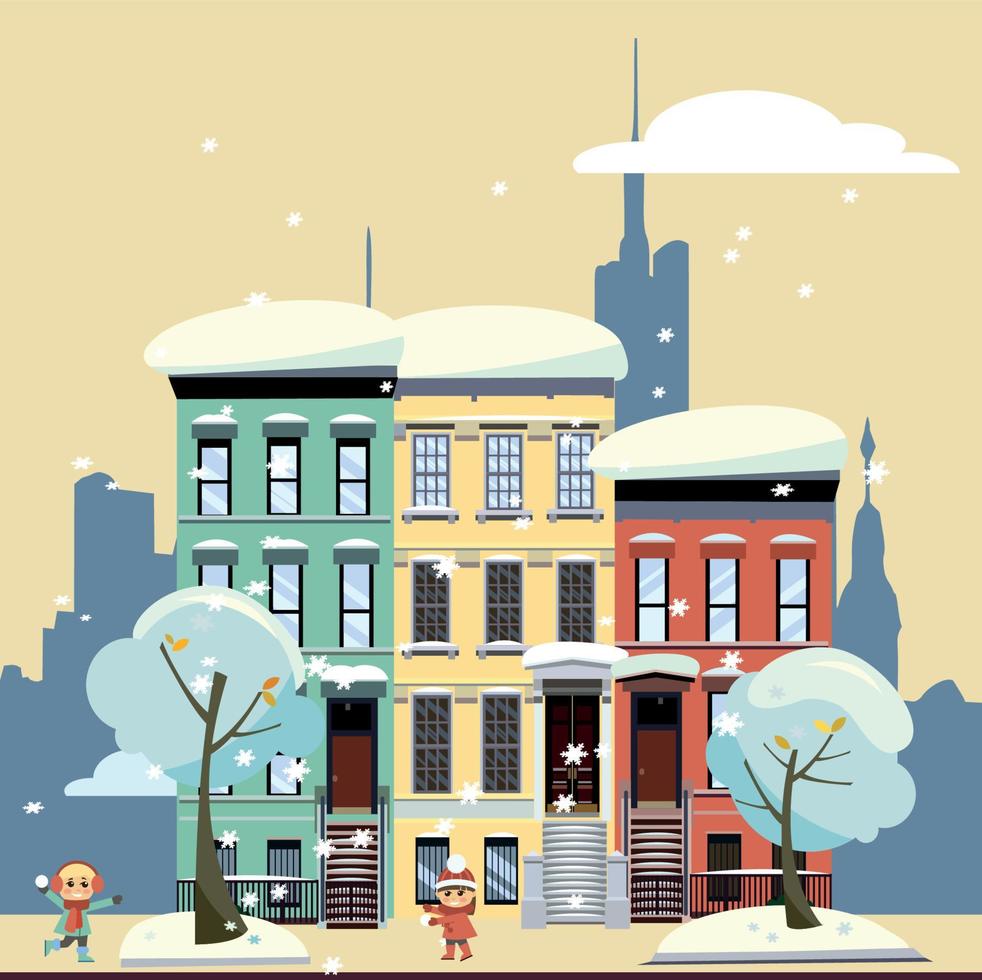 Multicolored multi-party cozy houses on background of skyscrapers of business center and gloomy yellow winter sky. Flat illustration of winter city landscape. Street cityscape with playing children vector
