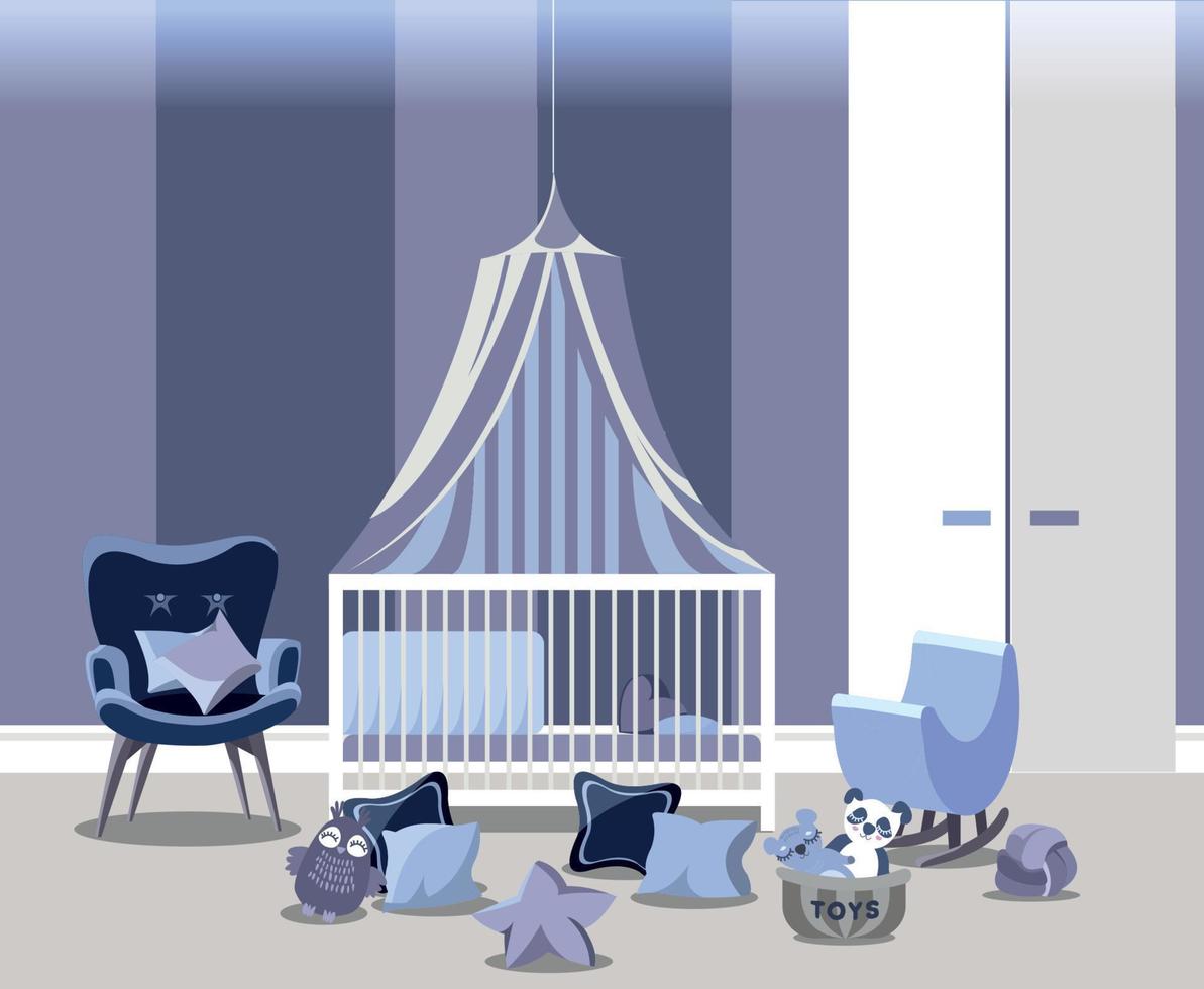 Baby room interior for boy with white furniture in flat style. Modern blue nursery design. Vector illustration.