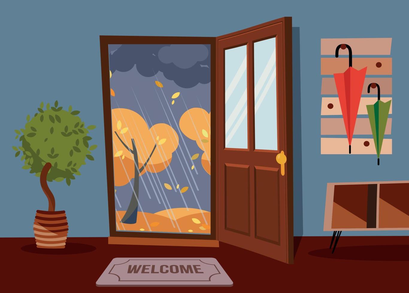 The interior hallway with the door open, a coat rack with umbrellas and house tree. Outside autumn rainy evening and yellow trees. Wall with little table for keys. Flat cartoon vector illustration.