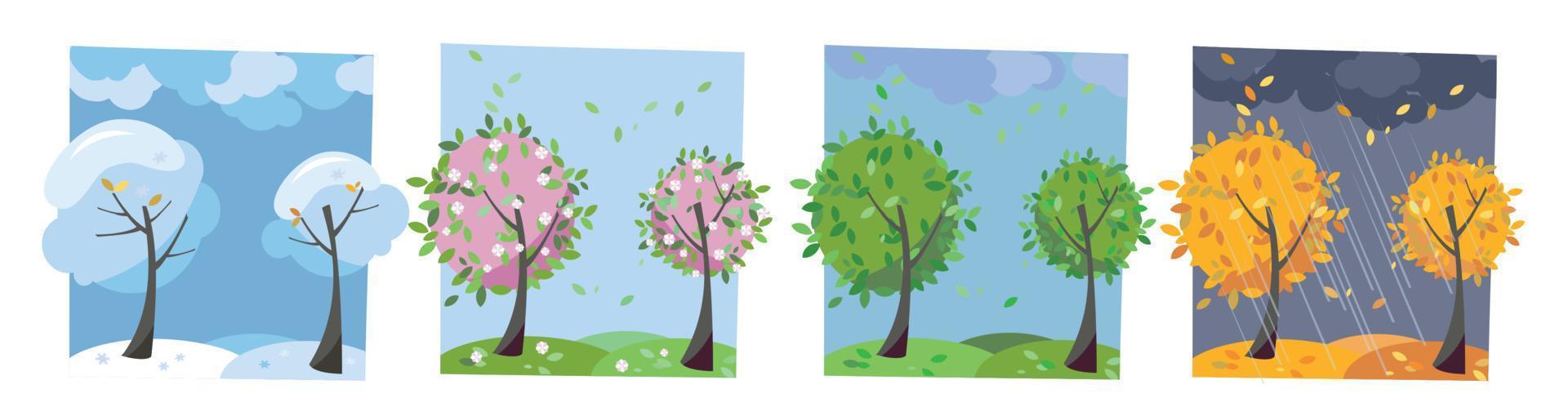 paisaje de cuatro estaciones. árboles de verano, otoño, primavera e invierno. diferentes épocas del año. conjunto de cuatro cuadros no paralelos con vistas a la naturaleza. ilustración vectorial de dibujos animados plana. árboles con copa redonda vector