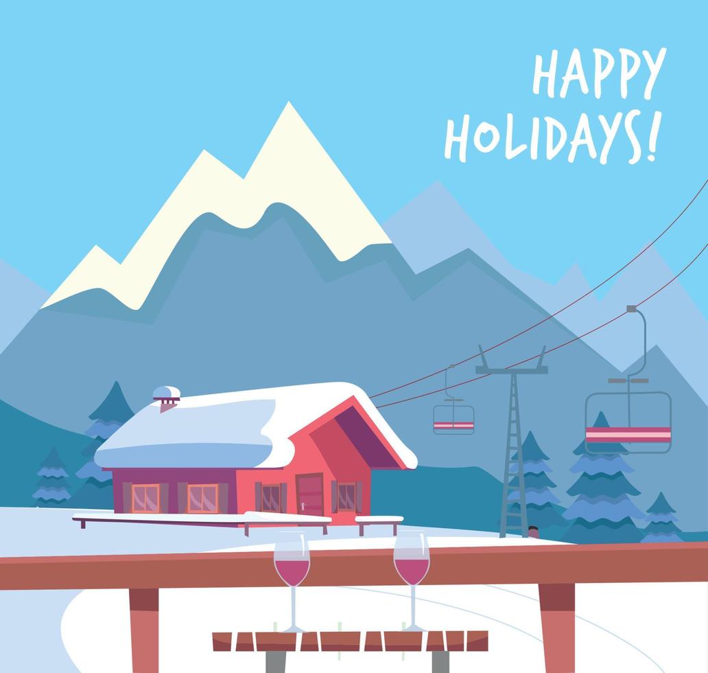 View from the ski cafe at a table with glasses of red wine. Ski resort with lift, cable-cars, house and winter mountains landscape. Flat cartoon style vector illustration.