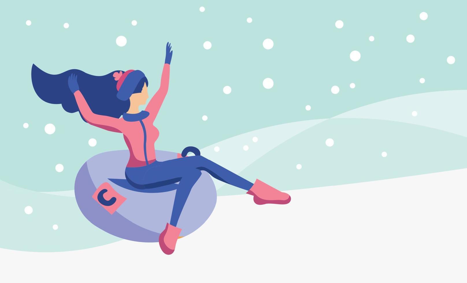 Flat vector illustration of a slim girl slides off a snow slide on a tubing holding her arms up. Young woman in hat sledging at inflatable tube, snowtubing outdoors. Christmas holiday activity.