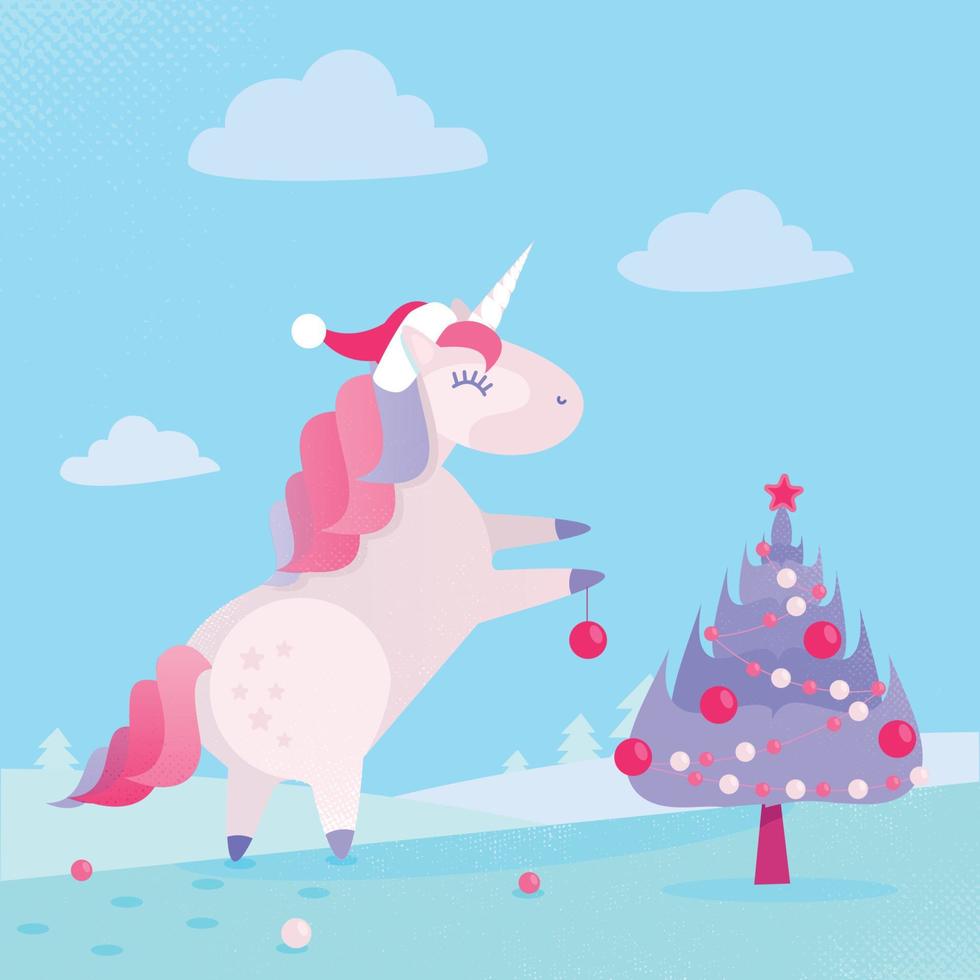 A Christmas unicorn in a Santa Claus hat decorates the Christmas tree with balls. Gentle pink and blue colors. Flat cartoon style illustration with textures and gradients vector