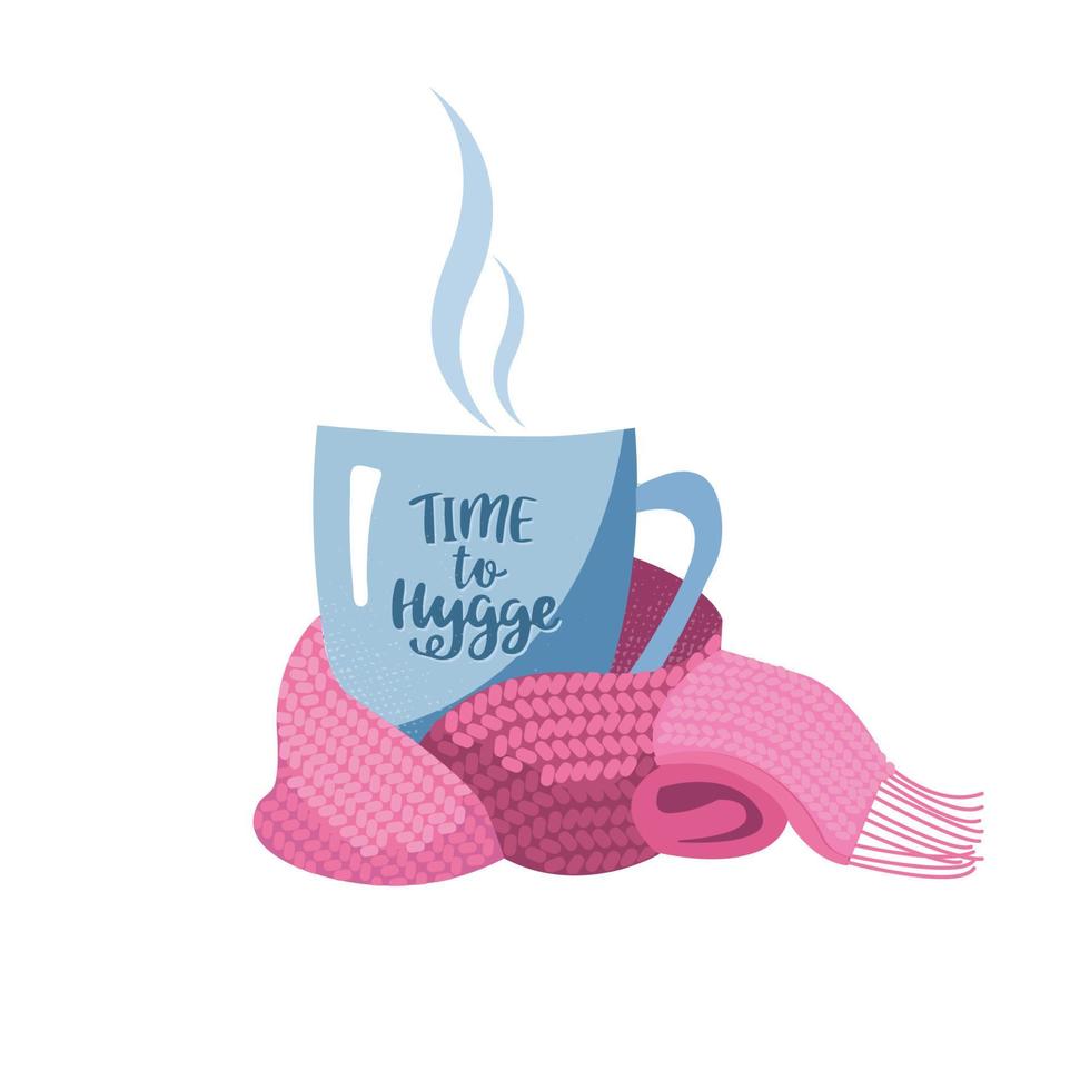 Blue mug with tea or coffee wrapped pink magenta scarf. Hand drawn lettering cup inscription Time to Hygge. Flat cartoon style illustration vector