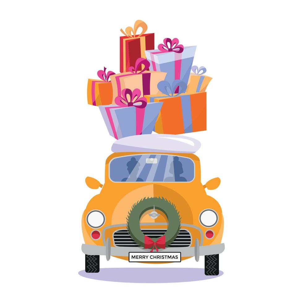 Flat vector cartoon illustration of small car with presents, gift boxes, snow on the roof. Little classic yellow car carrying gift boxes on its top. Vehicle is located in front, decorated with wreath.