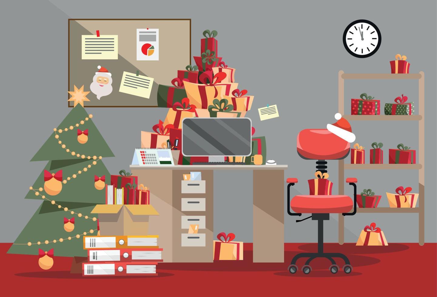 Santa Claus office with mountain of gifts. Piles of present boxes with ribbons and Stack of documents lie on table, floor, shelf. Interior of room is decorated with Christmas tree. Flat cartoon vector