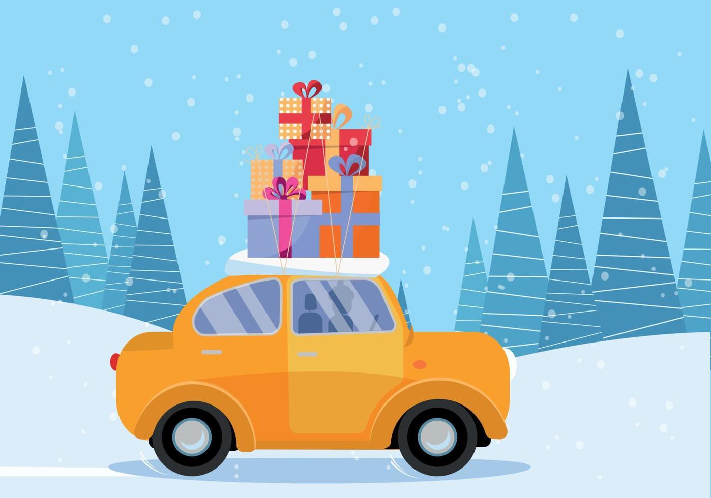 Flat vector cartoon illustration of retro car with presents, christmas tree on roof. Little yellow car carrying gift boxes. Vehicle car side view. Winter snowy forest .Flat cartoon style illustration.