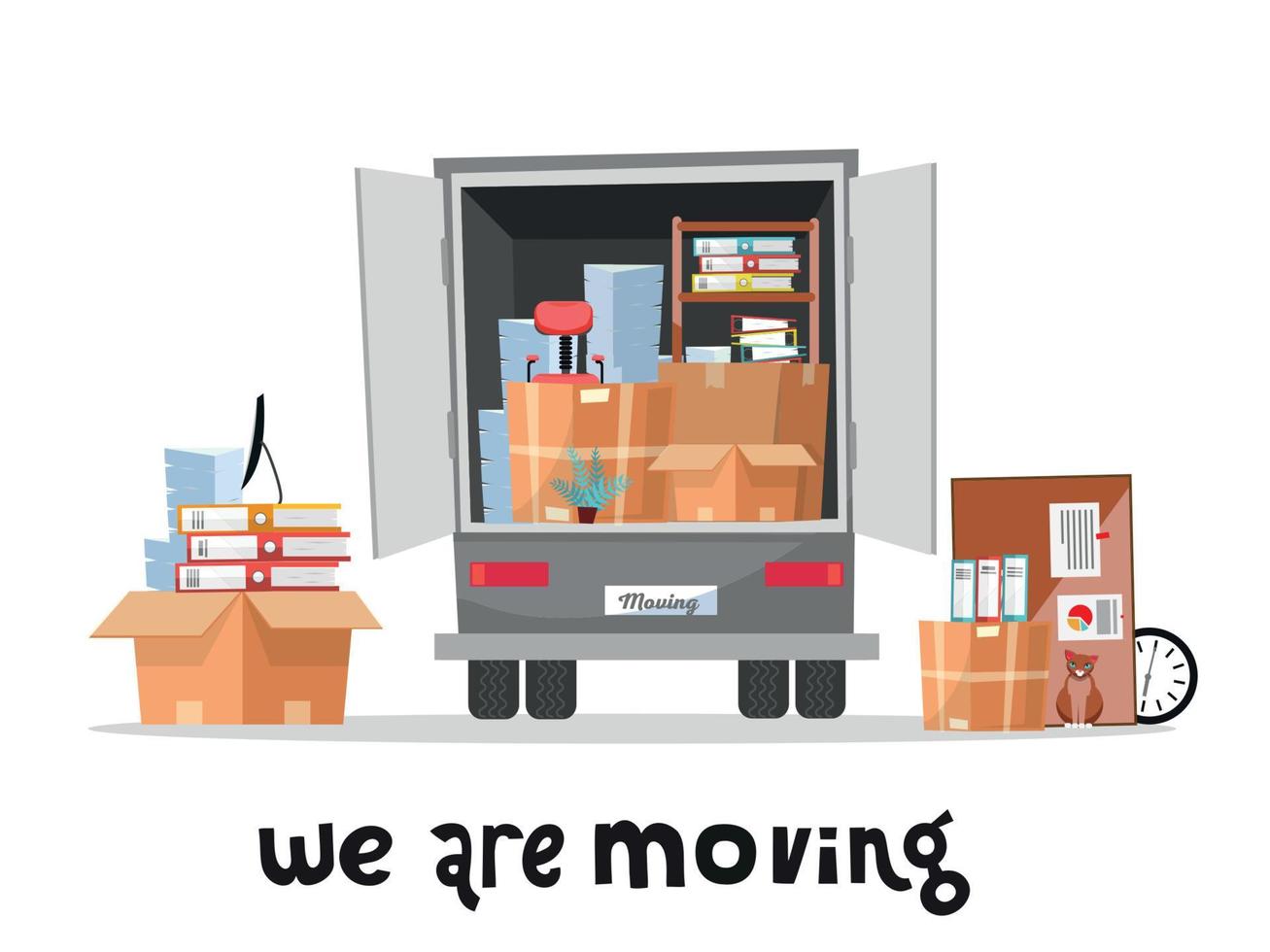 Open trunk of the truck woth stack af office things in cardboard boxes.Corporate Moving.Unloading or loading van. We are moving home concept with lettering qoute.Vector flat cartoon style illustration vector