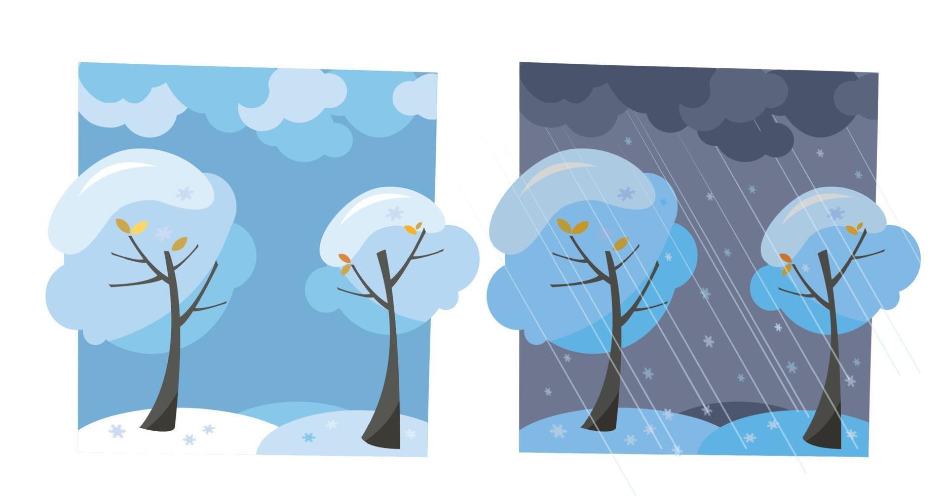 Winter snow trees with flying snowflakes. Set of two non-parallel pictures with a view of good sunny weather and dark evening. Flat cartoon vector illustration. Trees with round crown under clouds sky