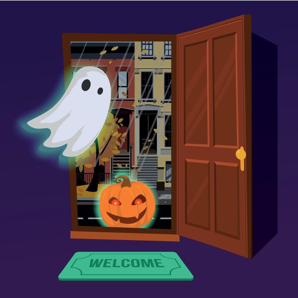 Glowing pumpkin enters the house through an open door. In the hallway flying glowing Ghost. Outside the door of the city autumn landscape at dusk. Flat cartoon style vector illustration.