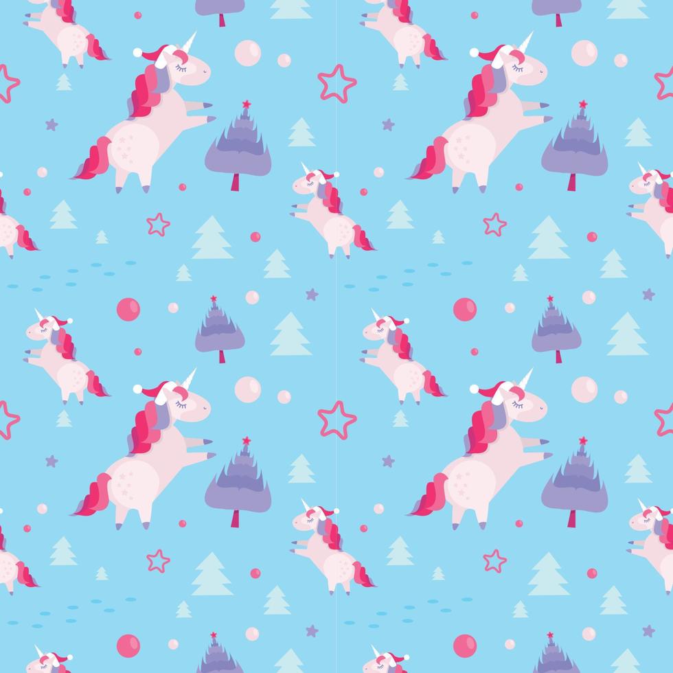 Christmas seamless pattern with unicorns, fir trees,balls, stars on blue background. Holiday template with Christmas unicorn and festive flat cartoon elements. Design for wrapping, fabric, print. vector
