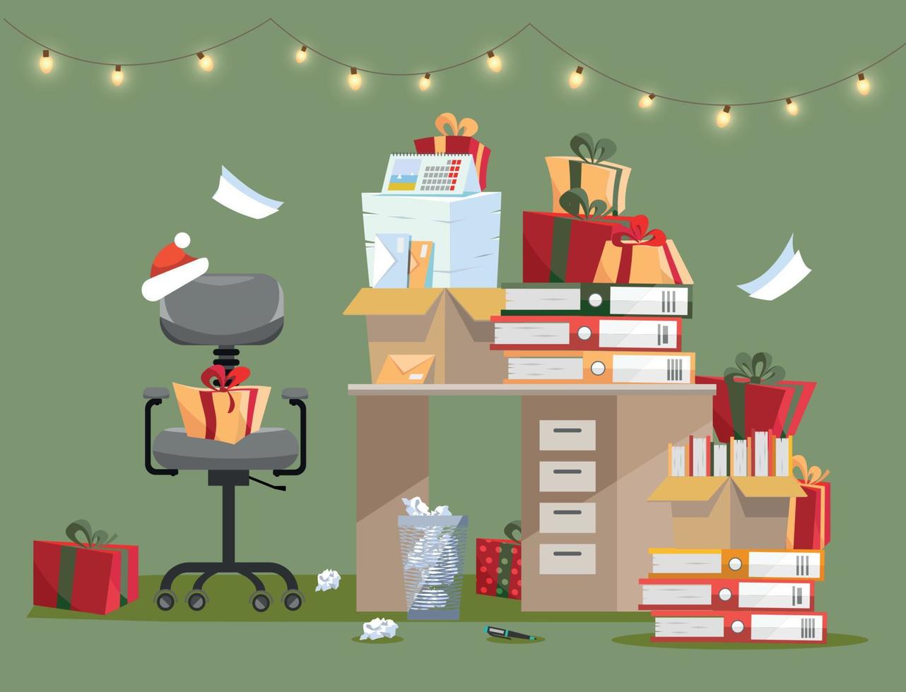 Office interior with pile of gifts on table with documents in folders and boxes. Piles of documents are near to mountains of gifts in holiday boxes. room is decorated with garland. Flat cartoon vector