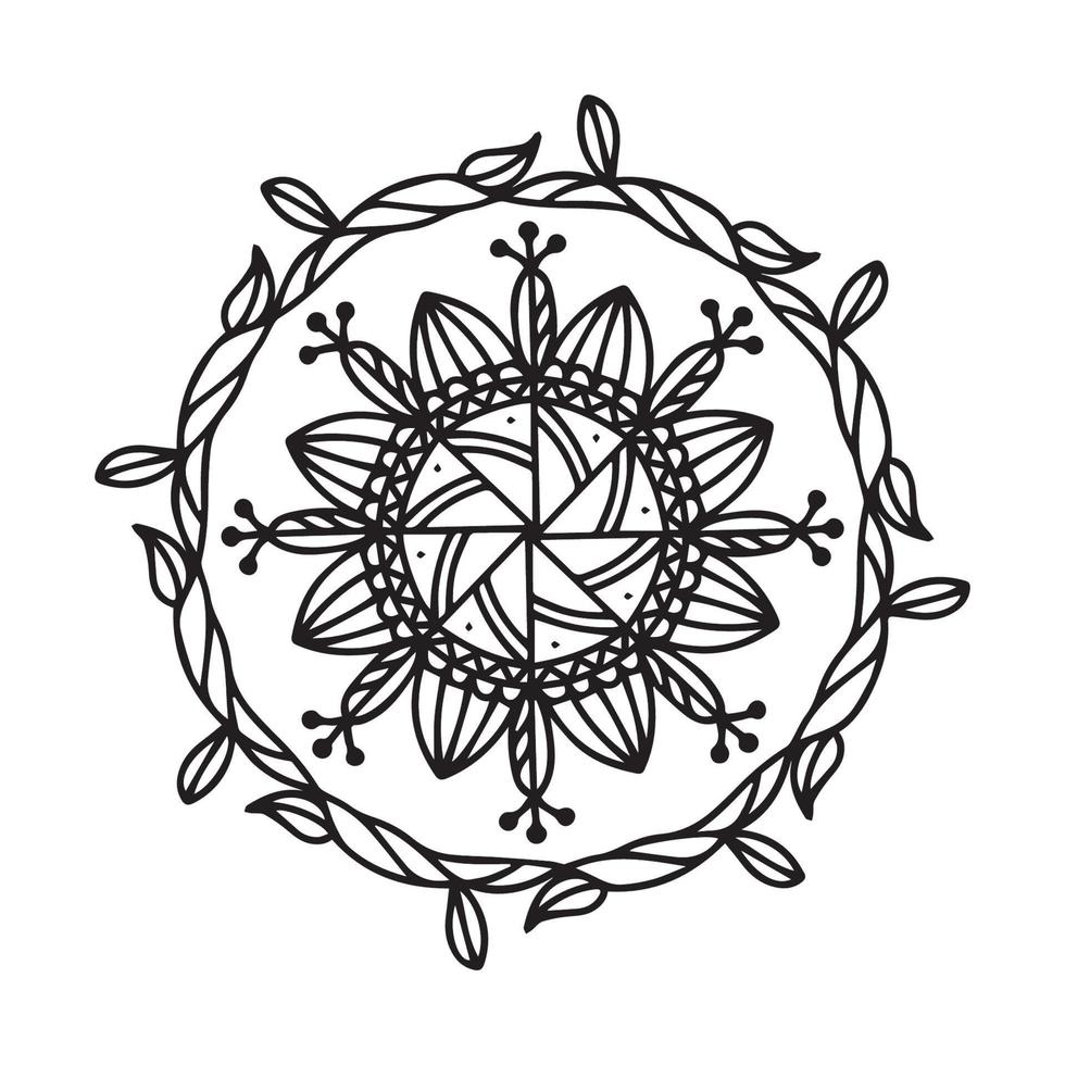 patrón circular de mandala en blanco y negro, decorado con arte de mandala fresco bohemio, flores de henna, rito mehndi y simetría monocromática. página de libro para colorear mandal, terapia antiestrés. vector