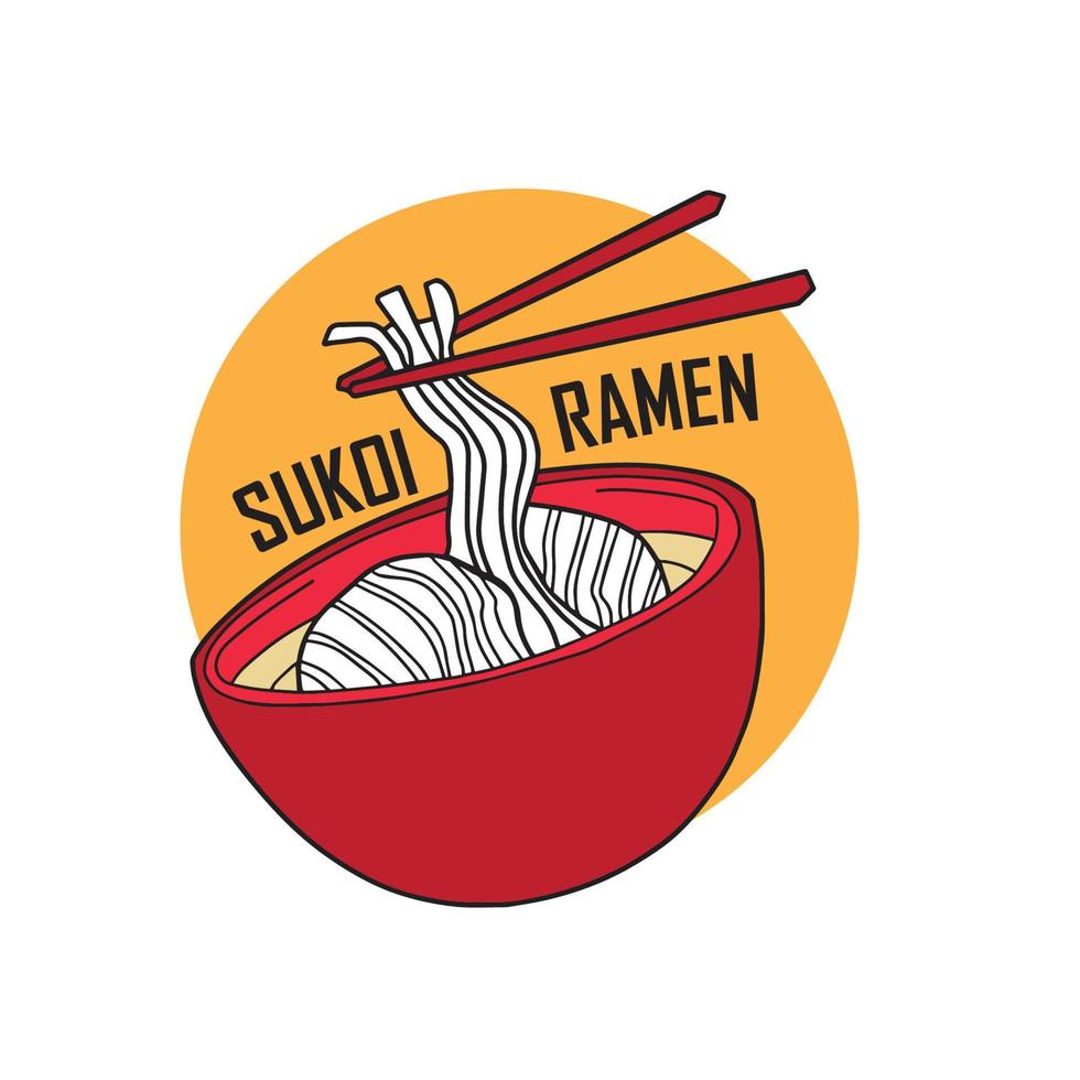 Ramen or Noodle in red bowl with chopstick. Hand drawn flat vector illustration. Icon logo for brand, restaurant, menu, banner, poster, brochure.