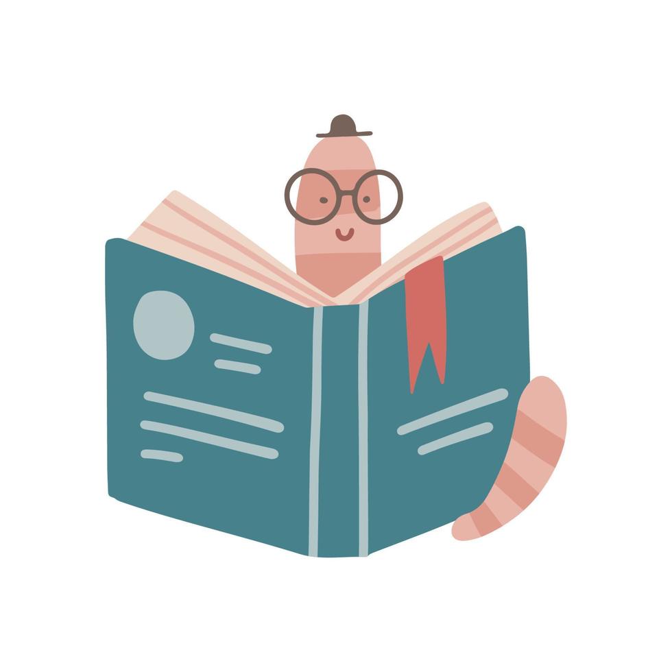 Funny bookworm in hat reading opened book. Cartoon library worm in eyeglasses isolated flat vector illustration.