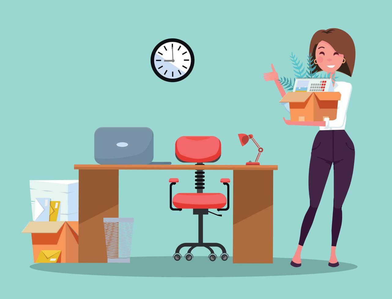 Successful smiling young business woman holding cardboard box with work stuff at a new workplace with laptop and papers. New job concept. Office workstation. Vector flat cartoon illustration