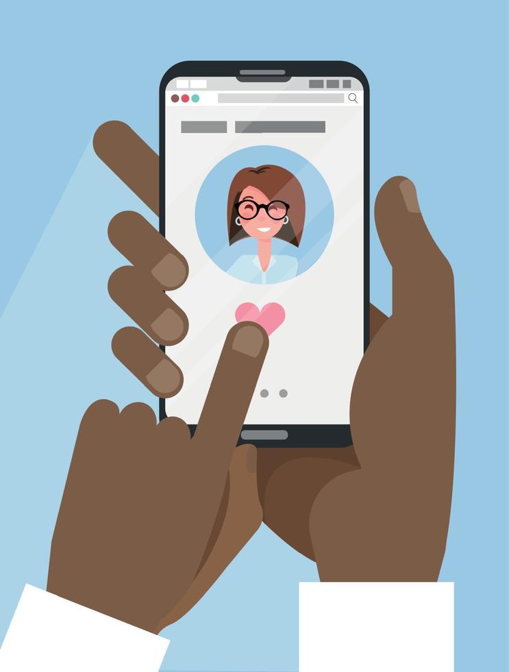 Two black afro male hands hold smartphone with Online dating app on screen. Online dating, long distance relationship. Finger presses heart button. Pretty caucasian profile. Flat vector illustration