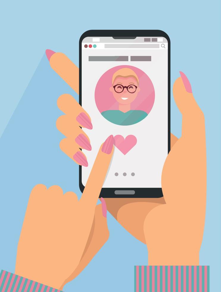 Woman's hands holding smartphone with cute fair-haired man with eyeglasses on screen.Online dating concept.Finger pushes heart button. Social app for searching for romantic partner.Flat cartoon vector