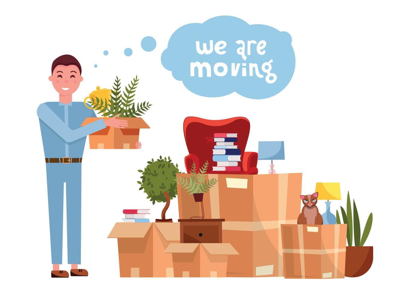Vector cartoon illustration of loader mover man carrying box. Pile of stacked cardboard boxes with furniture. Concept for home moving. Isolated on white background. Lettering quote We are moving
