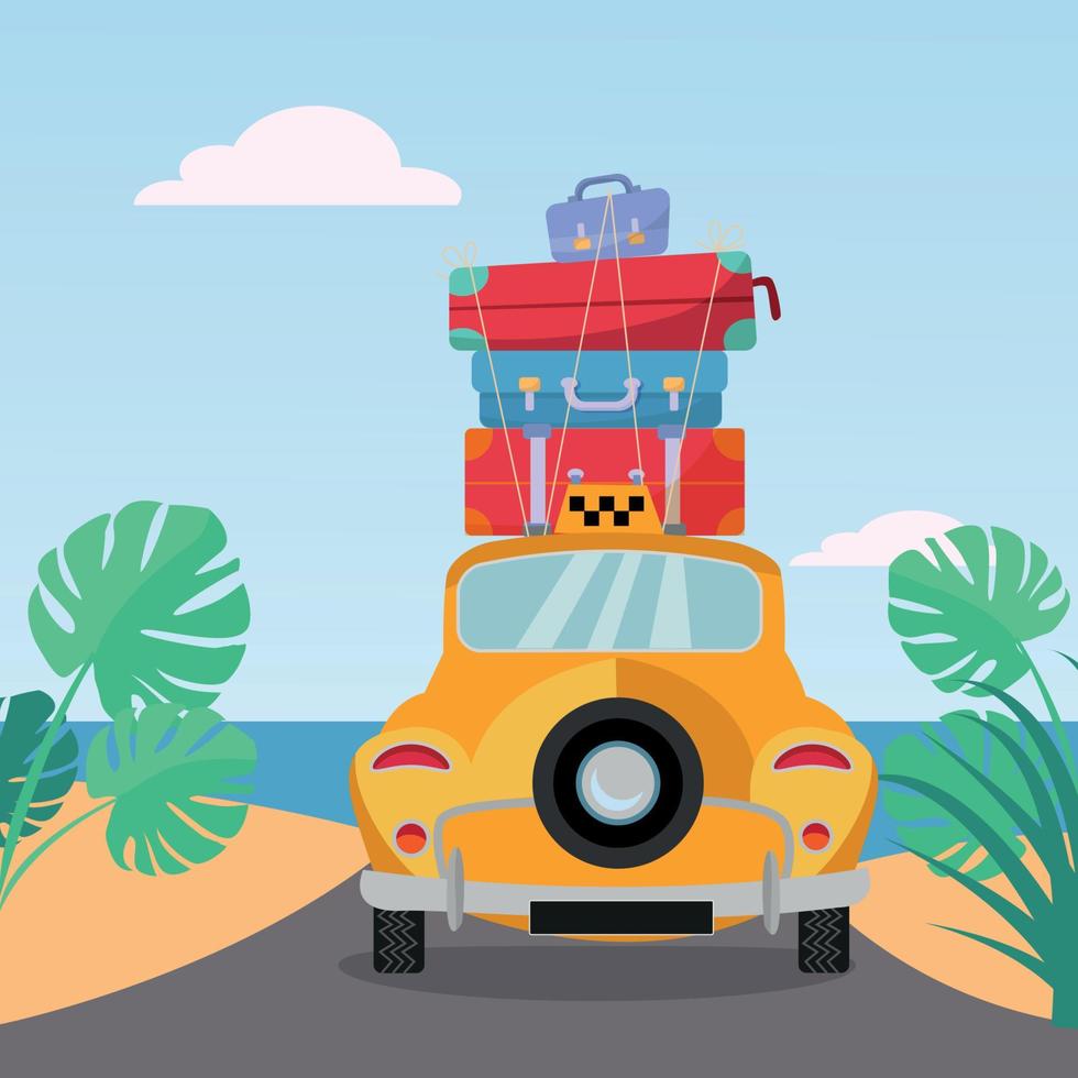 Little yellow retro taxi rides to sea with stack of suitcases on roof. Flat cartoon vector illustration. Car back View With pile of baggage.Southern landscape with sand. Taxi transfer on vacation