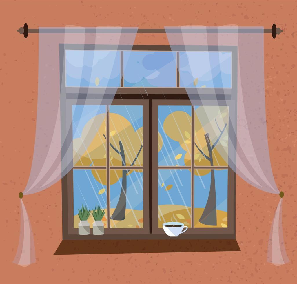 Autumn view from the window with cornice and transparent tulle. Closed wood window view to Indian summer, flying foliage, yellow trees. On windowsilll plants in pots, coffee cup. Flat cartoon vector