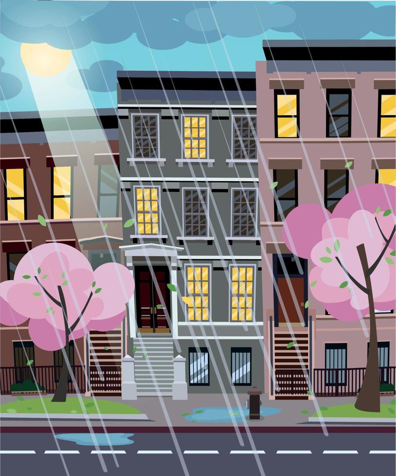 ilustración vectorial de dibujos animados planos de la calle de la ciudad lluviosa de primavera por la noche. casas irregulares con ventanas de iluminación. paisaje urbano con lluvia a través del sol. paisaje de la ciudad con árboles florecientes en primer plano vector
