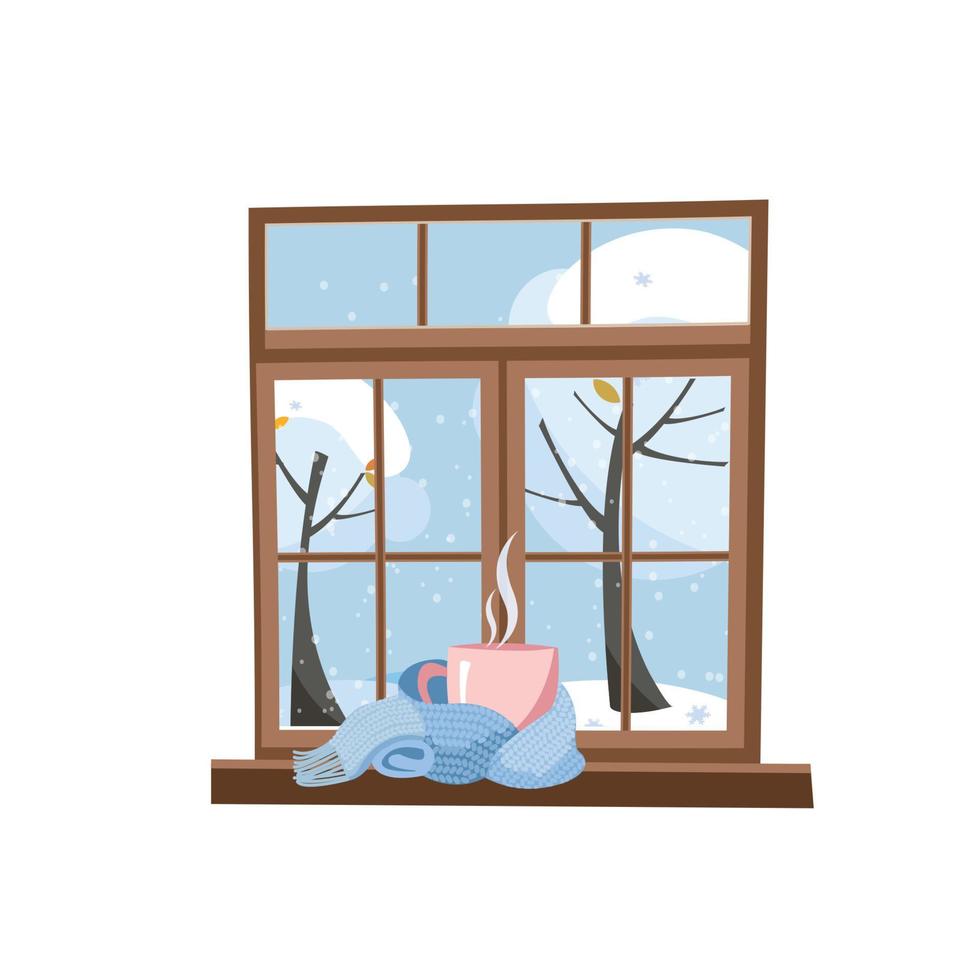 Pink cup of tea on the wood window still. Warm knitted light blue scarf. Snowy winter day. Cold weather outside. Snow-covered landscape in the window. Flat cartoon style illustration vector