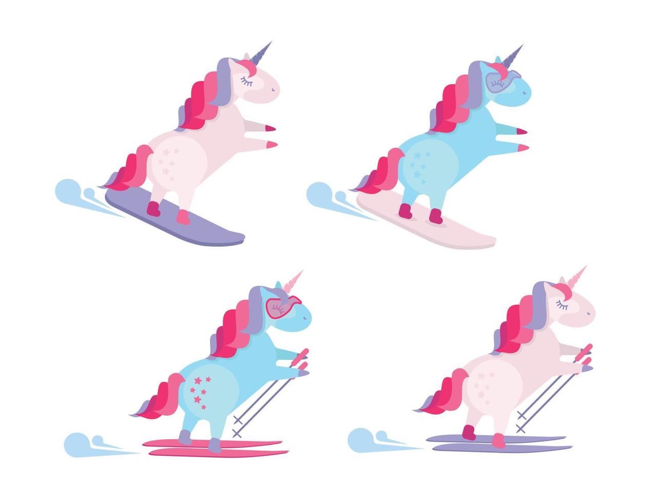 Set of 4 unicorns in ski resort. Snowboarding unicorn. Cute unicorn slide down snow hill on snowboard. Unicorn riding downhill skiing.Unicorn on skis and with ski poles.Flat cartoon style illustration vector