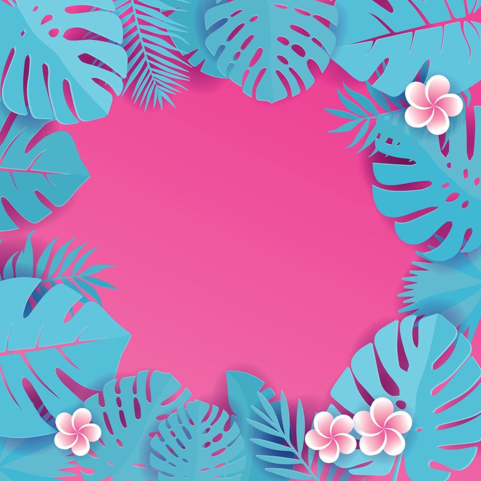 fondo abstracto con hojas tropicales cian azul. patrón de selva con flores de frangipani. fondo de diseño de corte de alcaparra floral. ilustración cuadrada vectorial con espacio para texto. tarjeta de felicitación tropical. vector