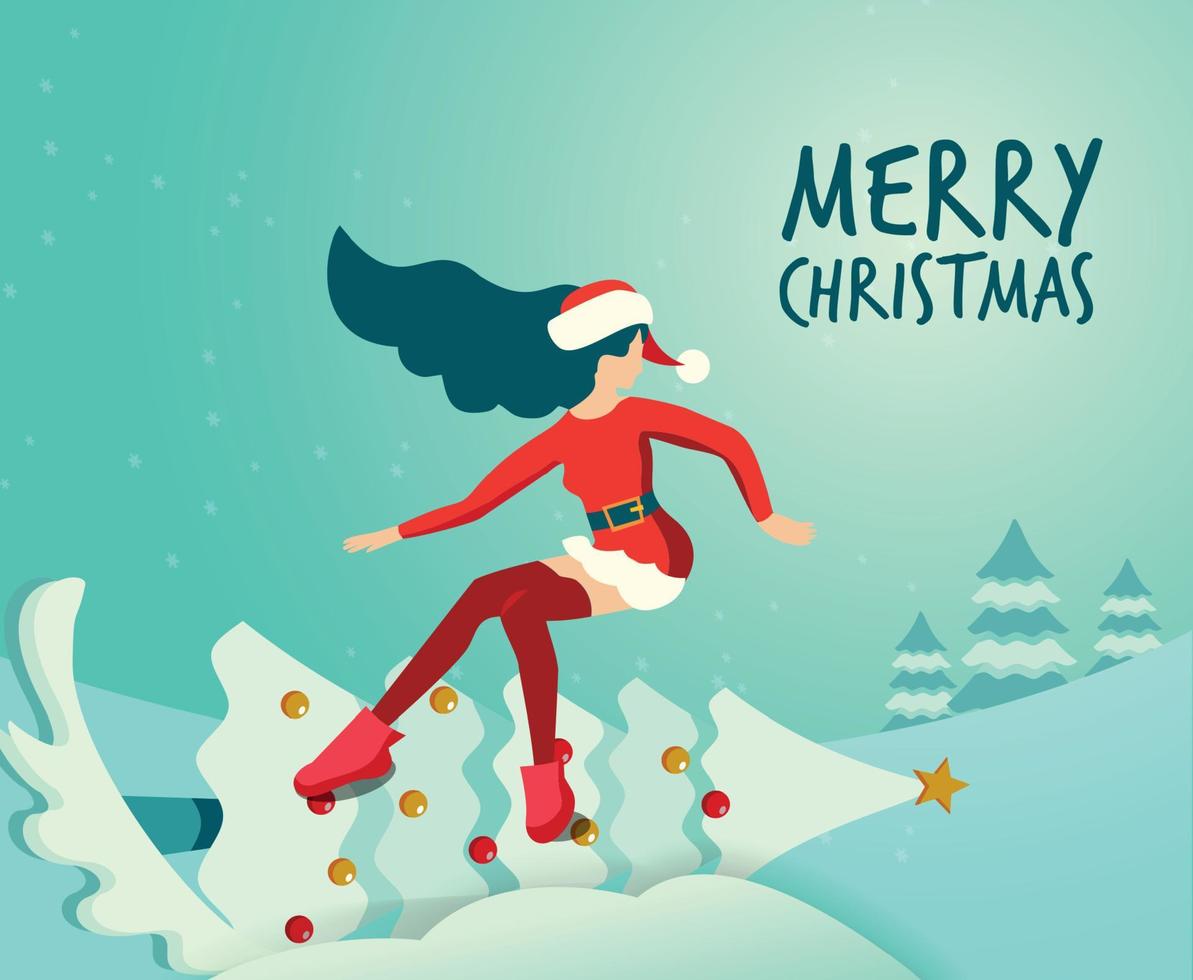 Flat illustration in vector slender girl in traditional suit of Santa Claus rides like snowboard on new year's decorated Christmas tree. Handwritten merry christmas Greeting card. Long hair fluttering