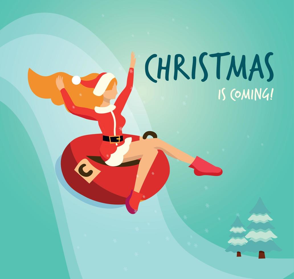 Flat illustration in vector slender girl in traditional costume of Santa Claus drives down from a snowy mountain in red tubing. Handwritten christmas is coming Greeting card. Long red hair fluttering