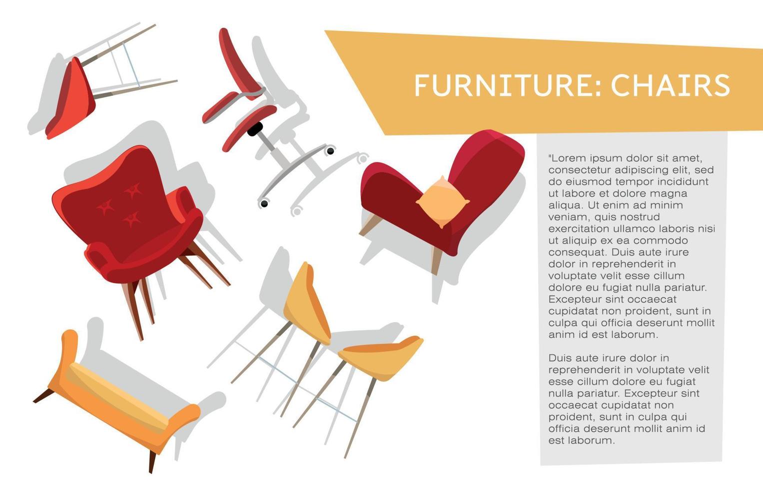 Horisontal banner with Set of different chairs hovering on white